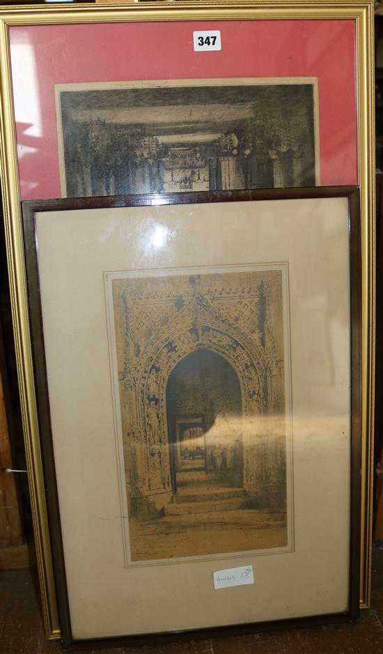 Framed drawing - archway & etching